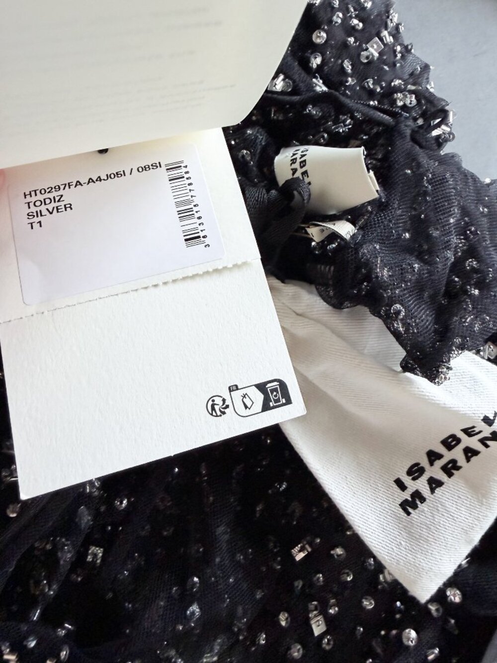 Isabel Marant Todiz Crystal Embellished Tulle Top Silver Black Size T1 US 4 NWT - Picture 9 of 12